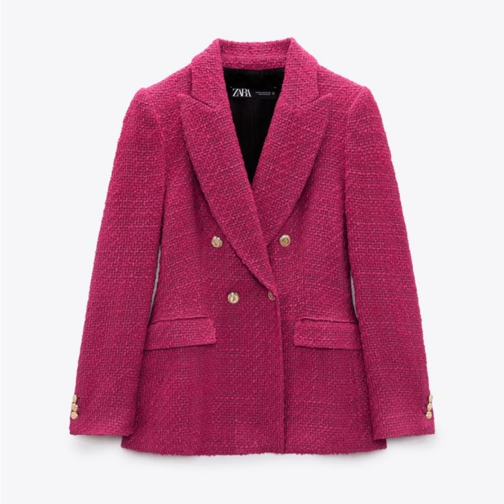 Zara Fuscia double breastfed "tweed" textured blazer Large